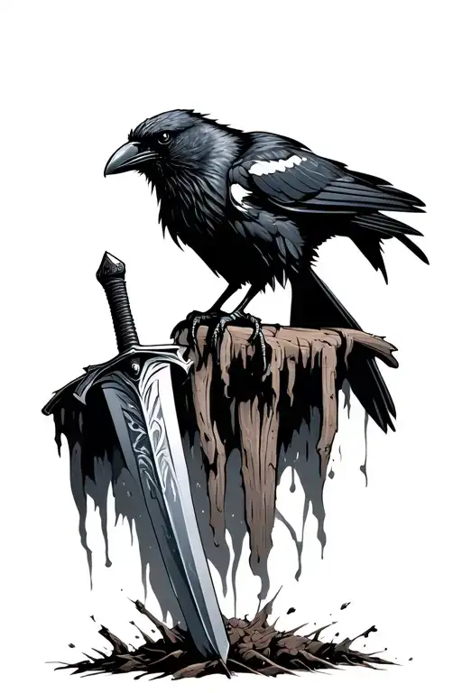 long sword stuck in ground crow perched on handle tattoo design idea