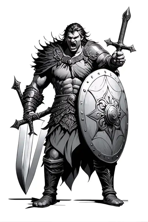 a brave warrior with a sword and a shield, showing his anger and will to win in a Battle  tattoo design idea