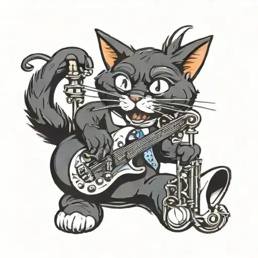 Black cat playing a bass clarinet tattoo design idea
