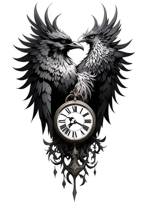 phoenix and clock face tattoo design idea