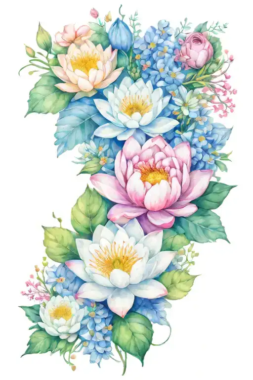 waterlily, karkspur, poppy, gladiolus, aster, morning glory, chrysanthemum, peony, holly, narcisuss bouquet tattoo design idea