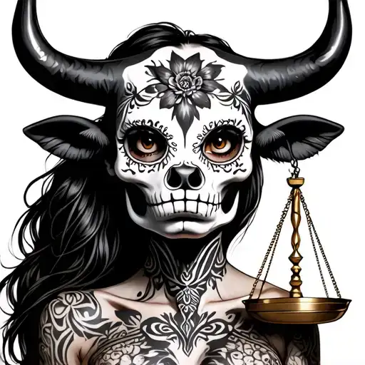 woman body bull with sugar skull markings, brown eyes and two Libra scales with extra dark background tattoo design idea