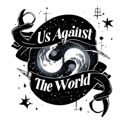"Us Against The World" space themed Aquarius and Libra symbol intertwined tattoo design idea