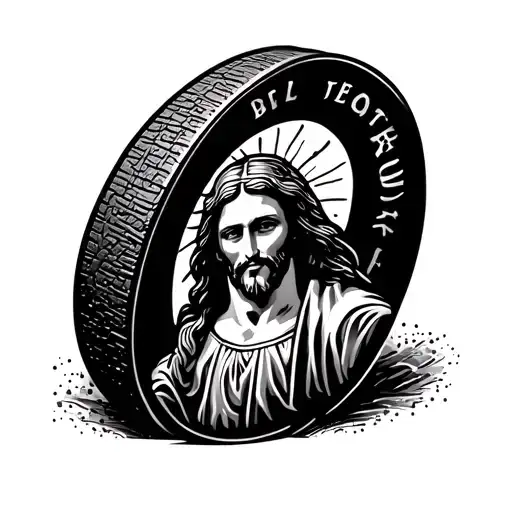 A tattoo design of a hockey puck with the image of Jesus engraved on it, symbolizing your love for hockey and faith in Jesus, in a dotwork style tattoo design idea