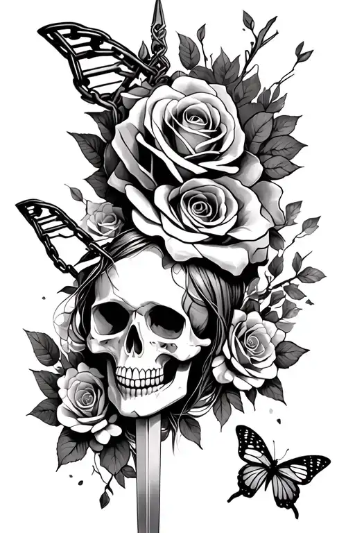 Skull, roses, face girl, broken chains, plains, butterfly,broken sword tattoo design idea