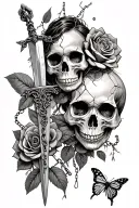 Skull, roses, face girl, broken chains, plains, butterfly,broken sword tattoo design idea