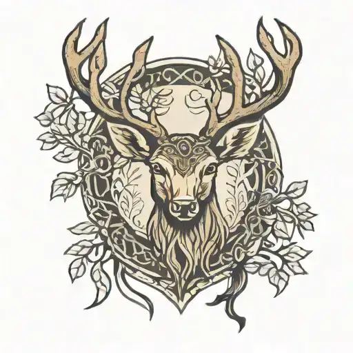 celtic deer head with trees tattoo design idea