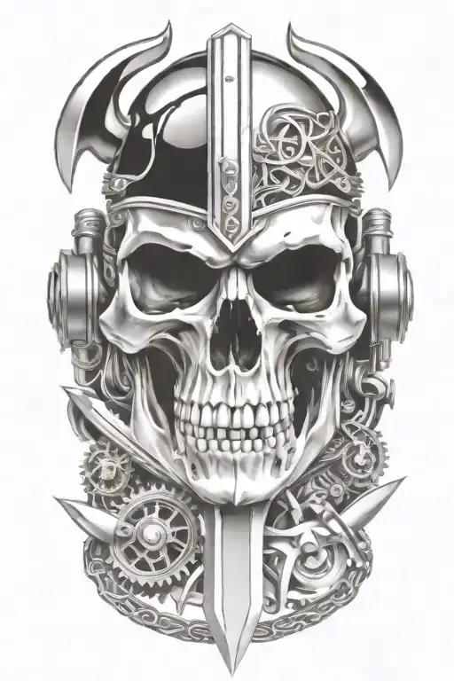 viking skull and swords surrounded by engine parts.  tattoo design idea