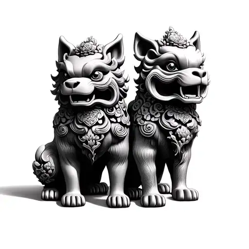 male and female chinese foo dog statue sleeve tattoo tattoo design idea