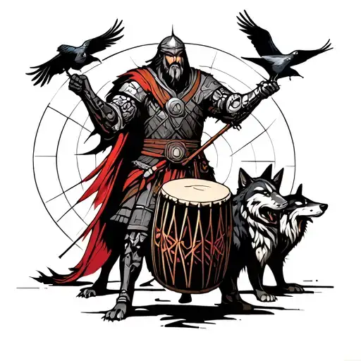A viking warrior with a cybernetic arm rapping on a traditional Japanese drum, surrounded by a pack of wolves and crows tattoo design idea