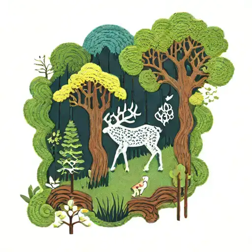 A whimsical forest scene inspired by the forests and rivers of Idaho, with a hidden crochet motif intertwined in the trees and a subtle nod to Korean folk art elements tattoo design idea