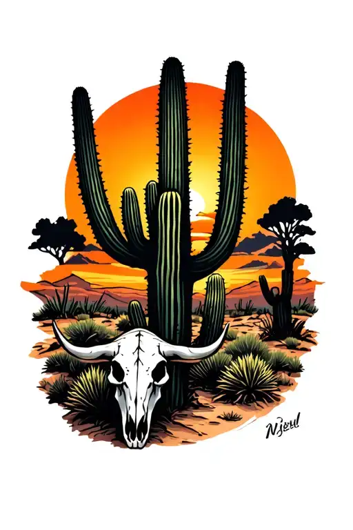 desert setting with large cactus in the foreground with a small bull skull next to it the sun is setting in the backgrou tattoo design idea