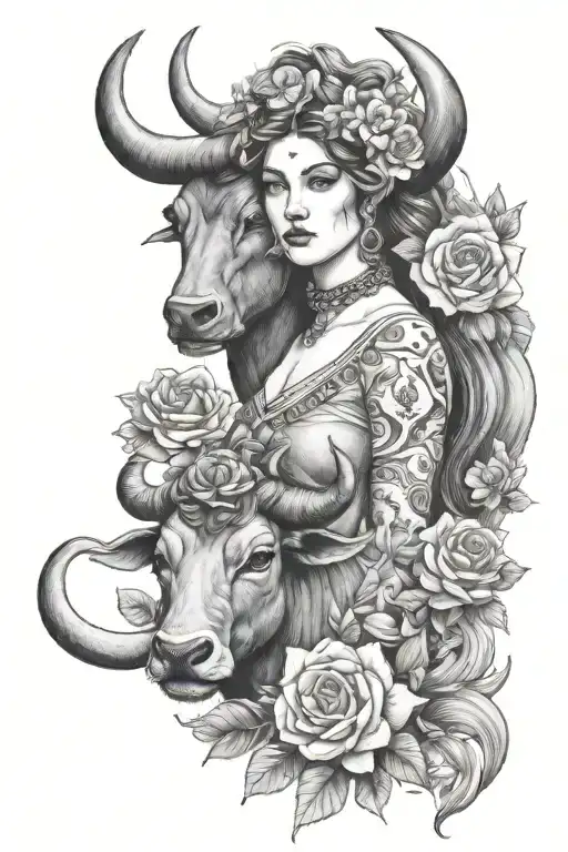 taurus goddess with bull and flowers  tattoo design idea