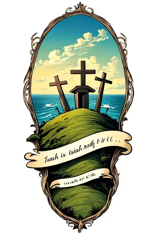 3 crosses on a hill looking over the sea with Isaiah 41:10 on a banner surrounding it tattoo design idea