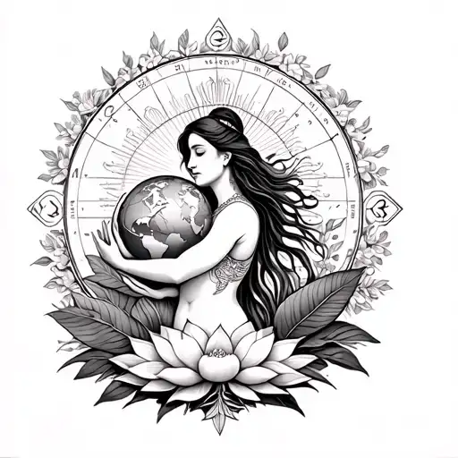 goddess holding globe surrounded by tropical plants in lower back with lotus and astrological features in upper back tattoo design idea