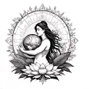 goddess holding globe surrounded by tropical plants in lower back with lotus and astrological features in upper back tattoo design idea