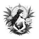 goddess holding globe surrounded by tropical plants in lower back with lotus and astrological features in upper back tattoo design idea
