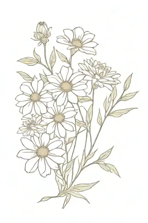 tiny chrysanthemum, aster, marigold bouquet fine line tattoo design idea