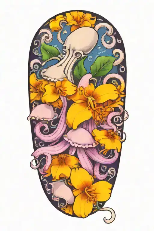 snowdrop, rose, marigold, octopus tentacles tattoo design idea