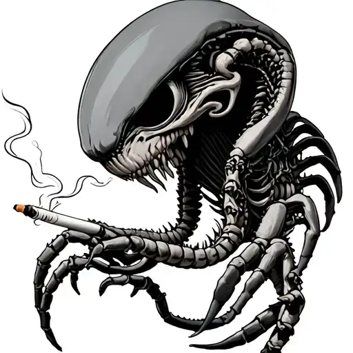 xenomorph facehugger alien smoking a joint tattoo design idea