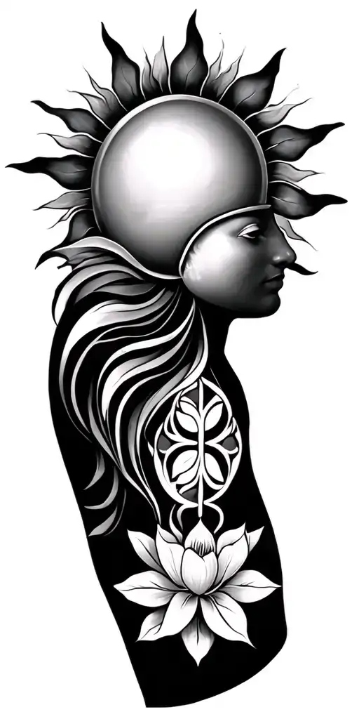 sun with rays on shoulder cap connecting to line running down arm to  lotus, followed by seed of life  tattoo design idea