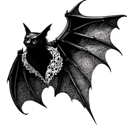 I want a bat with stend wings and inside the wings Black Work lace design tattoo design idea