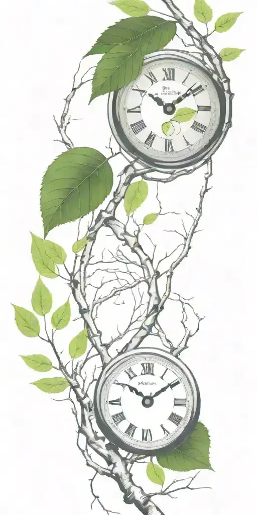 birch tree branches and green leaves with only 3 clocks integrated into it for an arm sleeve tattoo design idea