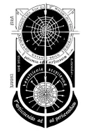 web of wyrd connected to vegvisir symbol surrounded by the phrase patientia ad accipiendum, fortitudo ad perficiendum tattoo design idea