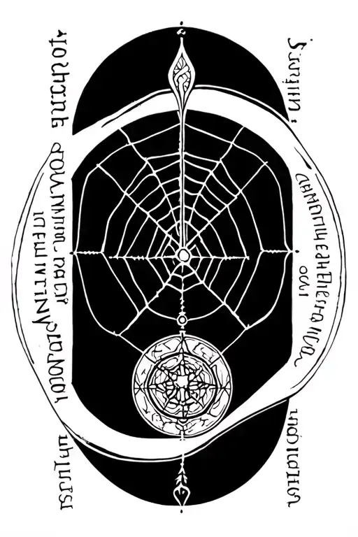 web of wyrd connected to vegvisir symbol surrounded by the phrase patientia ad accipiendum, fortitudo ad perficiendum tattoo design idea