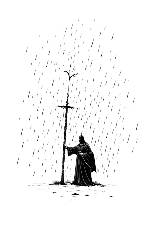 man in black priest attire impaled through the chest by a pole, standing in the rain, head back, arms limp. graveyard  tattoo design idea