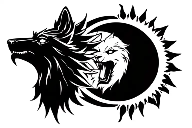 1 black wolf growling head facing to the left. 1 white growling head facing to the right. The sun and moon joined togeth tattoo design idea