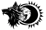 1 black wolf growling head facing to the left. 1 white growling head facing to the right. The sun and moon joined togeth tattoo design idea