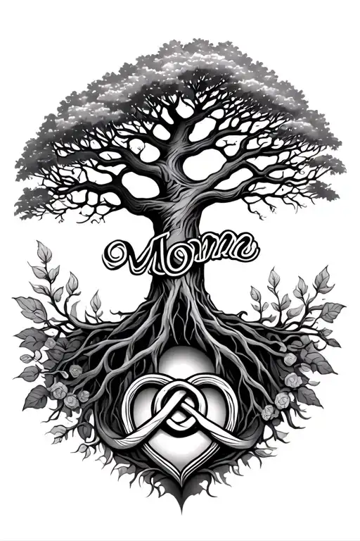 Tree of the tree of life yggdrasil and a love knot with "Mom" in its roots. tattoo design idea