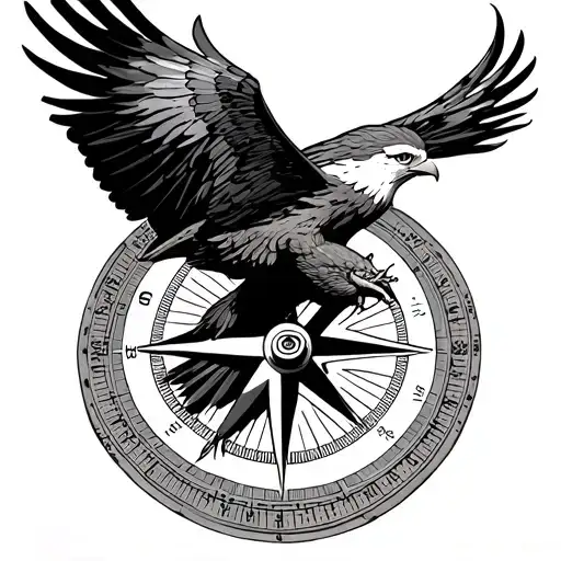  image for a tattoo where an eagle is flying heading towards North shown from a compass  tattoo design idea