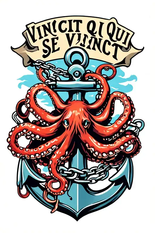 "Vincit Qui Se Vincit" "Vincit Qui Se Vincit" octopus wrapped around anchor with broken chain tattoo design idea
