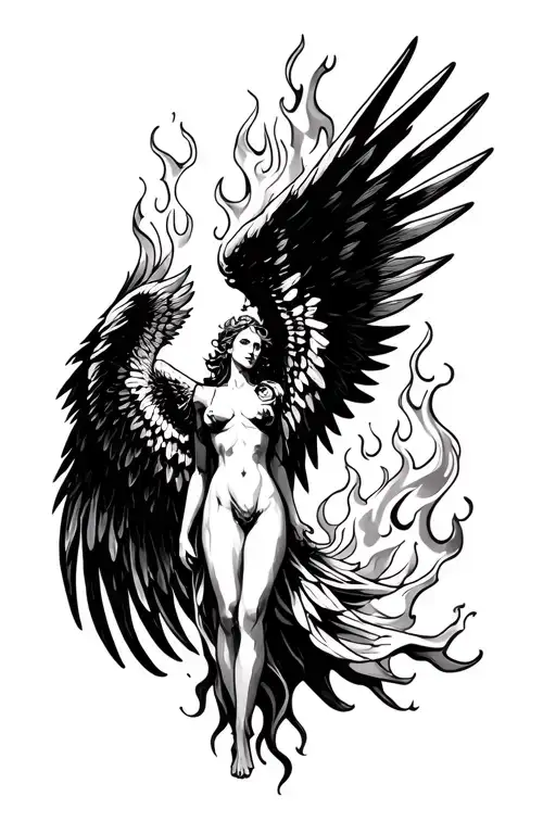 fallen angel, wings on fire flames tattoo design idea