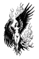 fallen angel, wings on fire flames tattoo design idea