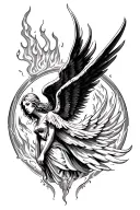 fallen angel, wings on fire flames tattoo design idea