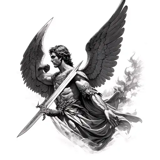 Tattoo sketch, Archangel Michael with a sword, on his shoulder, size about 25 cm, style realism tattoo design idea