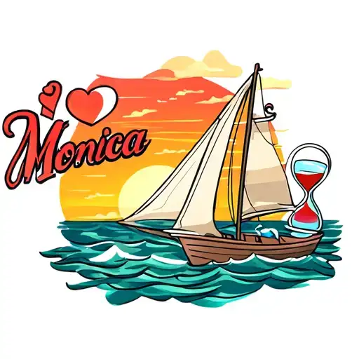 "Monica" small sail boat, sunset sky, love, anchor, hour glass with sand tattoo design idea