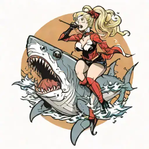 sexy Harley Quinn riding a great white shark jumping tattoo design idea