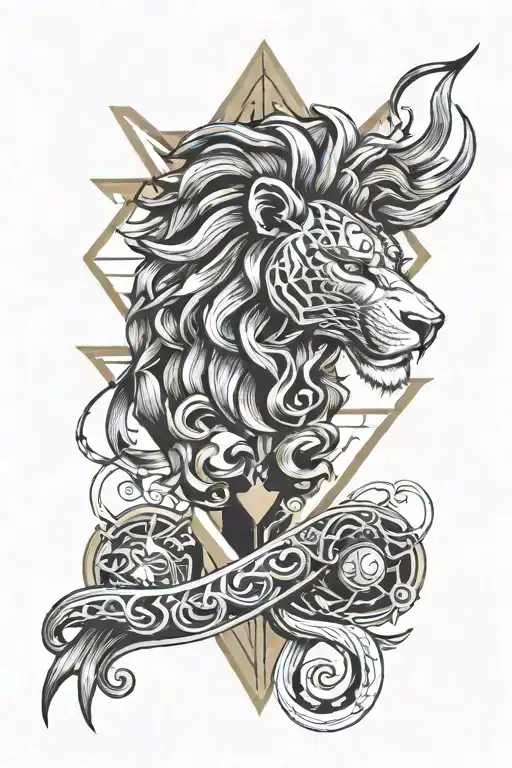 A geometric design incorporating elements of a lion, snake, and Zeus' lightning bolt, symbolizing balance and harmony tattoo design idea