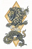 A geometric design incorporating elements of a lion, snake, and Zeus' lightning bolt, symbolizing balance and harmony tattoo design idea