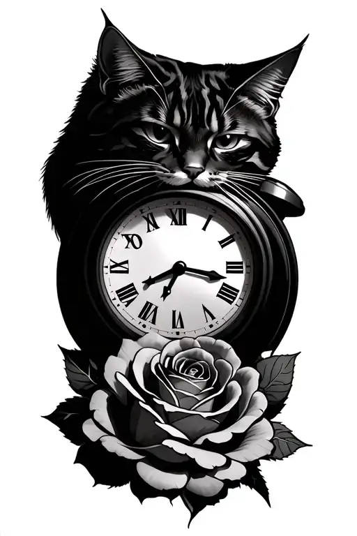 A cat head on top of a clock where the hands point to 11:28, then a big rose under it  tattoo design idea