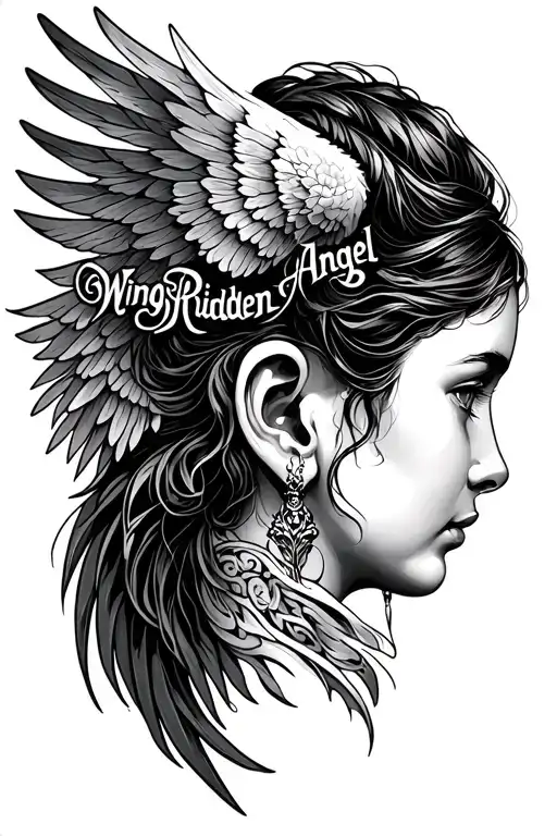 The Word "WingRiddenAngel" written horizontally behind ear tattoo tattoo design idea