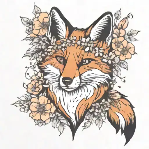 Black and white Fox with flowers surrounding tattoo design idea