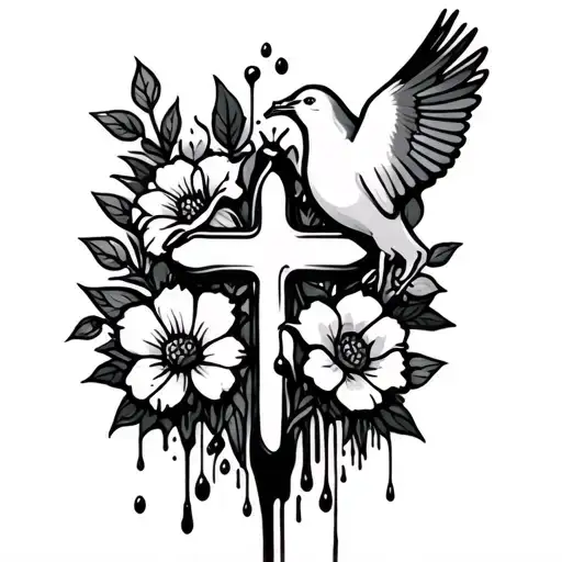 slime cross tattoo with flowers, a dove and olive oil dripping  tattoo design idea