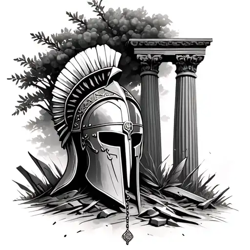roman or spartan helmet with rosary and broken pillars and olive tree in background tattoo design idea