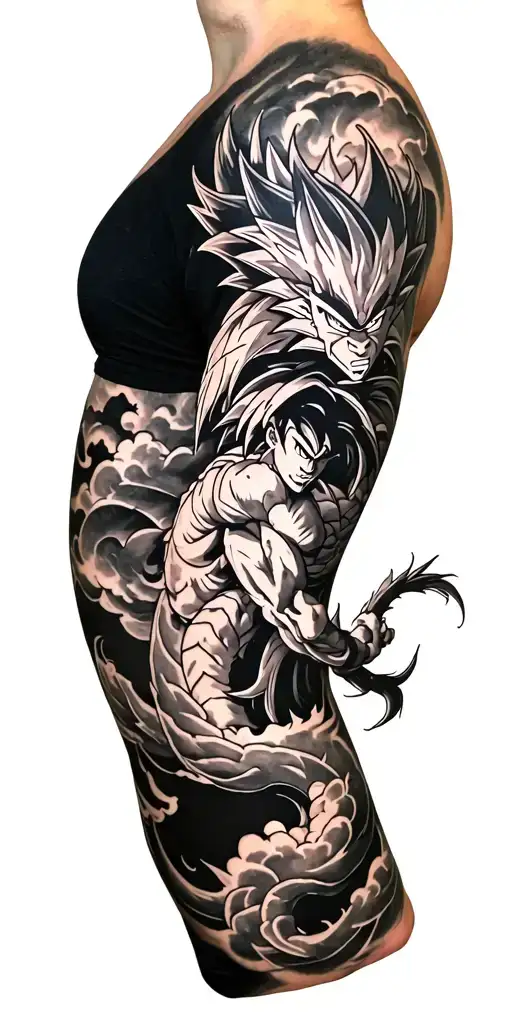 Japanese anime sleeve: Shenron from DBZ wrapping down arm, Nimbus Cloud with Goku tattoo design idea