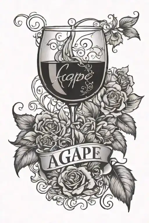 glass of wine with the word "Agape" in Barbie font tattoo design idea